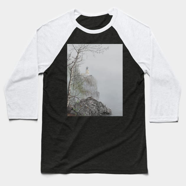 North Shore Lighthouse in the Fog Baseball T-Shirt by Northofthepines